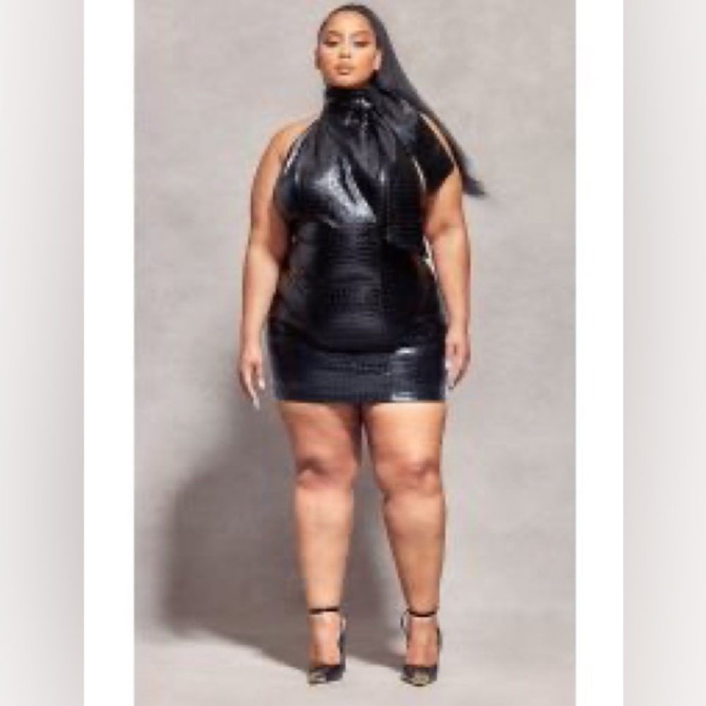 PrettyLittleThing Black Textured Mini Dress Croc Naomi Campbell Collection